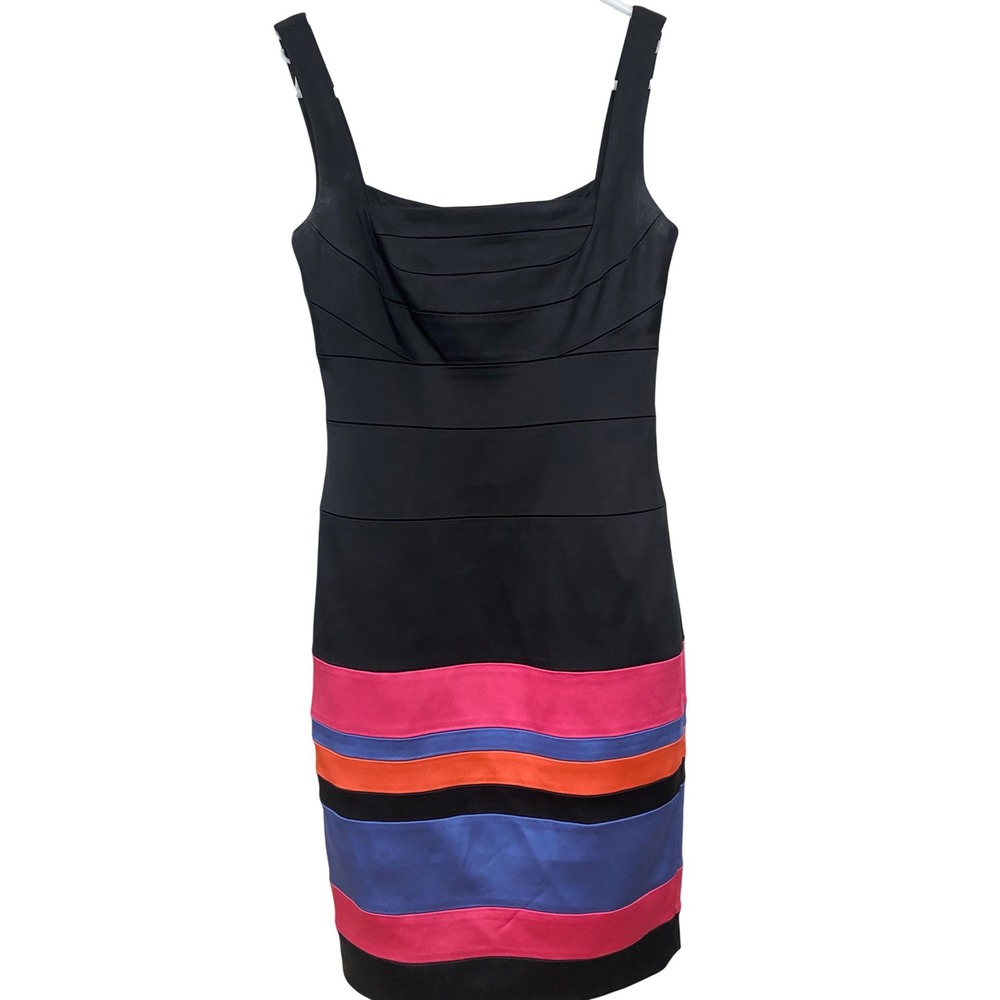 Jax Sheath Dress Womens 2 Black satin Multi Colorblock Striped Bodycon